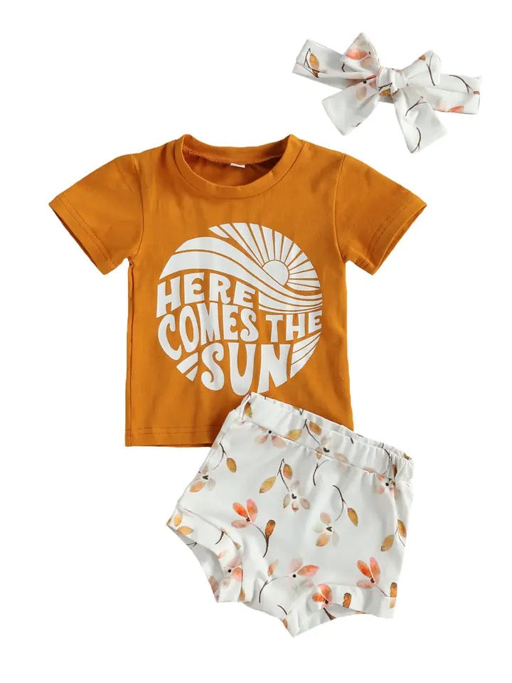 Baby Girls Brown T-Shirt Floral Shorts & Headband Set (Age 6m-24m) Brown