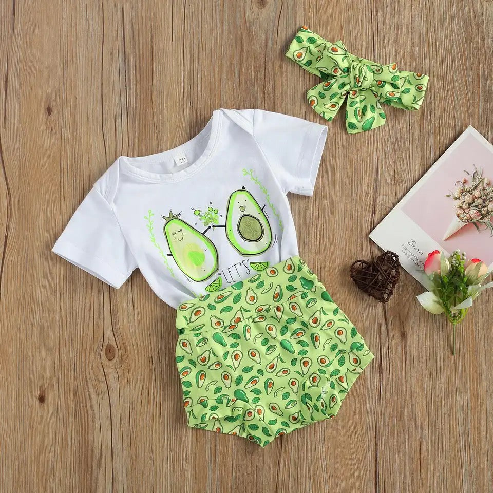 Baby Girls Green Bodysuit Avocado Shorts & Headband Set (Age 6m-24m) Green