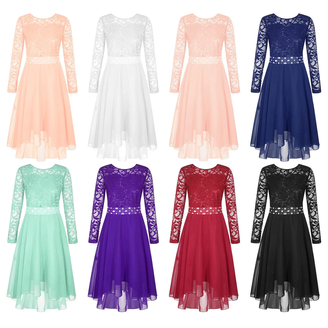 Girls Elegant Rhinestone Lace Chiffon Party Long Sleeve Dipped Hem Dress (Age 6-16YRS)
