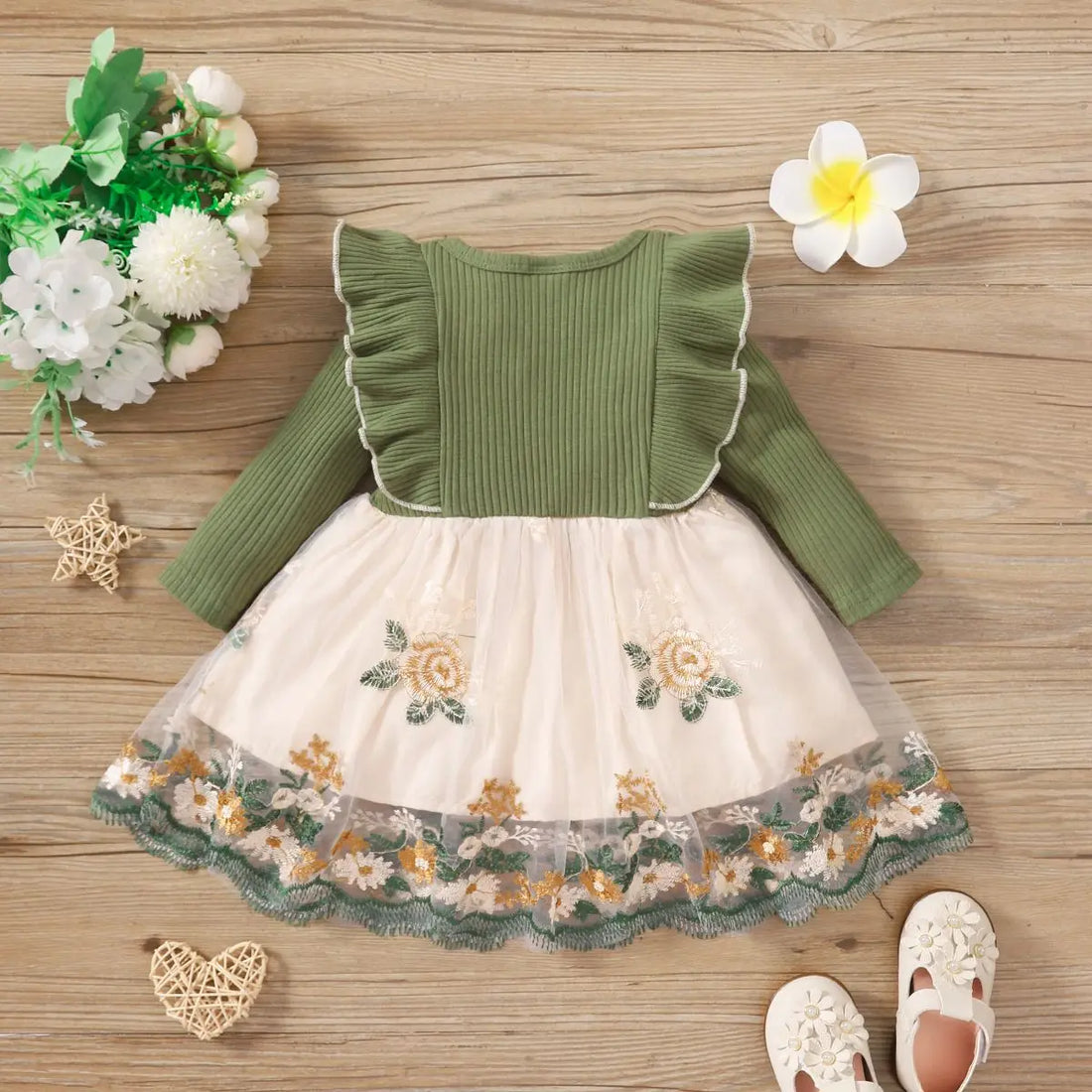 Baby/Toddler Girls Green Long Sleeved Flower Mesh Dress (Age 3M-4YRS)