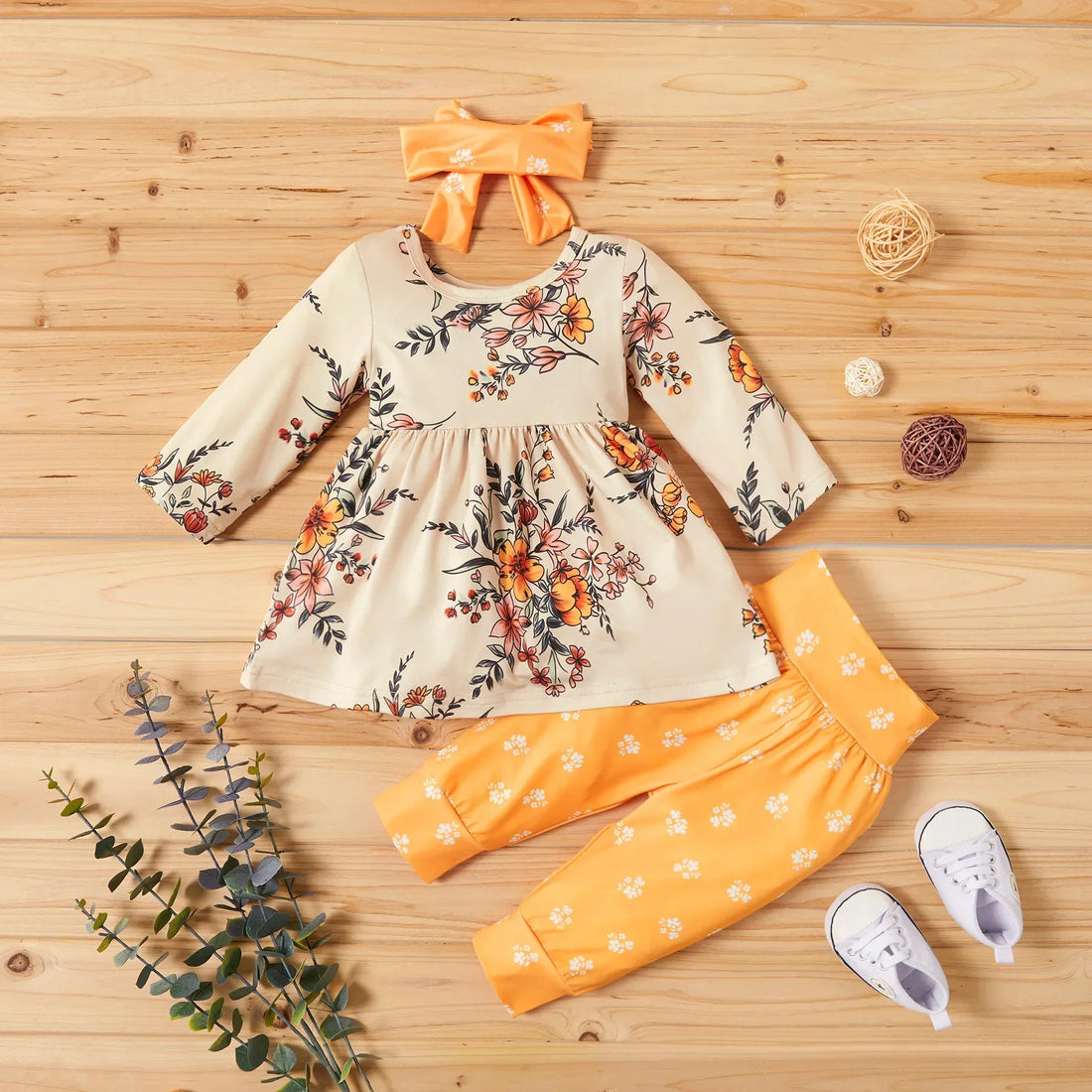 Baby/Toddler Girls Floral Dress Top and Polka Dots Trousers with Headband Set (Age 12M-5YRS)