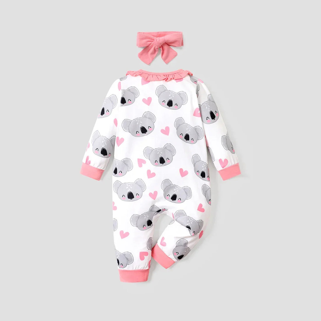 Baby Girls Koala Print White Long-Sleeve Ruffle Snap-up Jumpsuit (Age Newborn-18M)