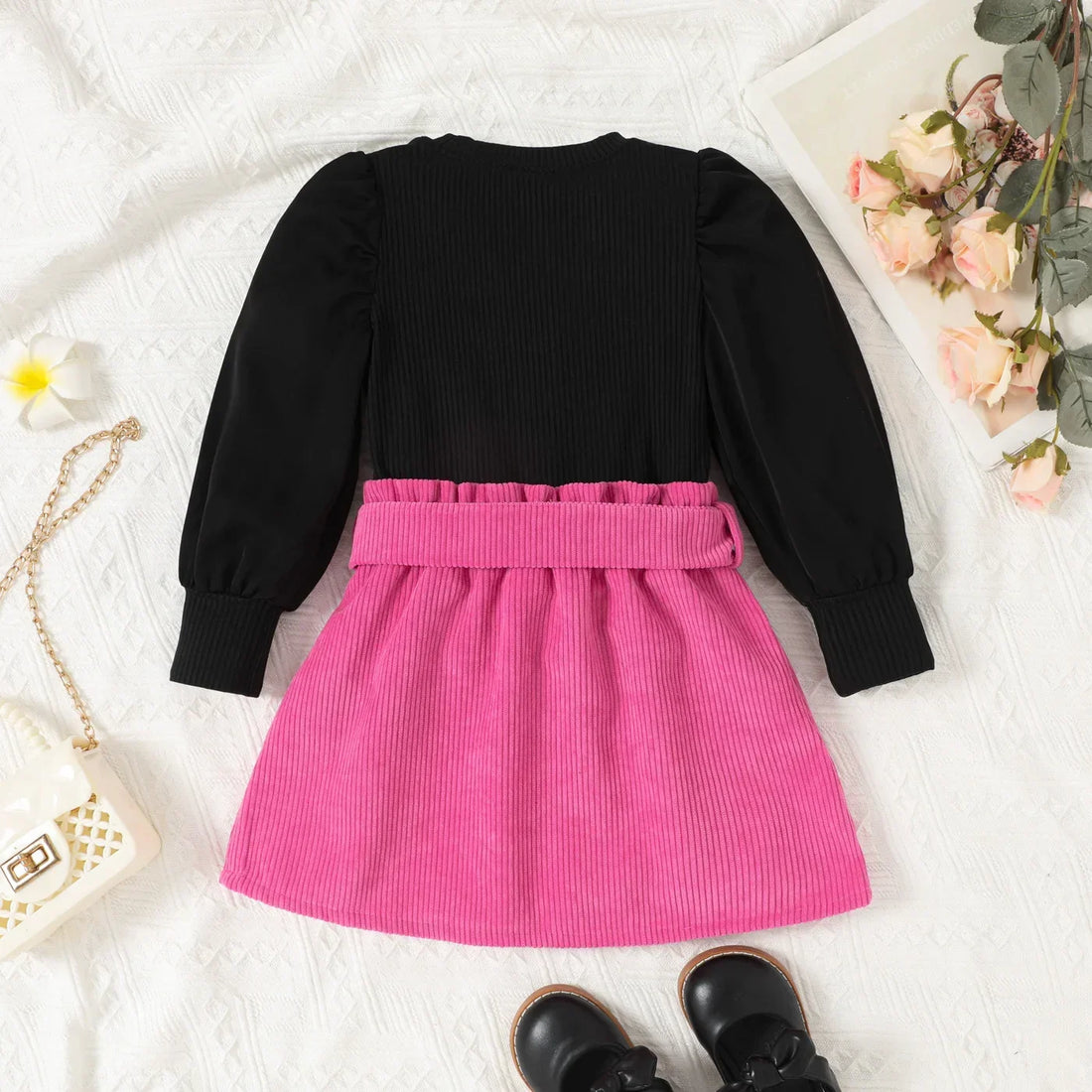 Girls Heart Print Ribbed Long-Sleeve Top and Belted Skirt Set (Age 24M-6YRS)
