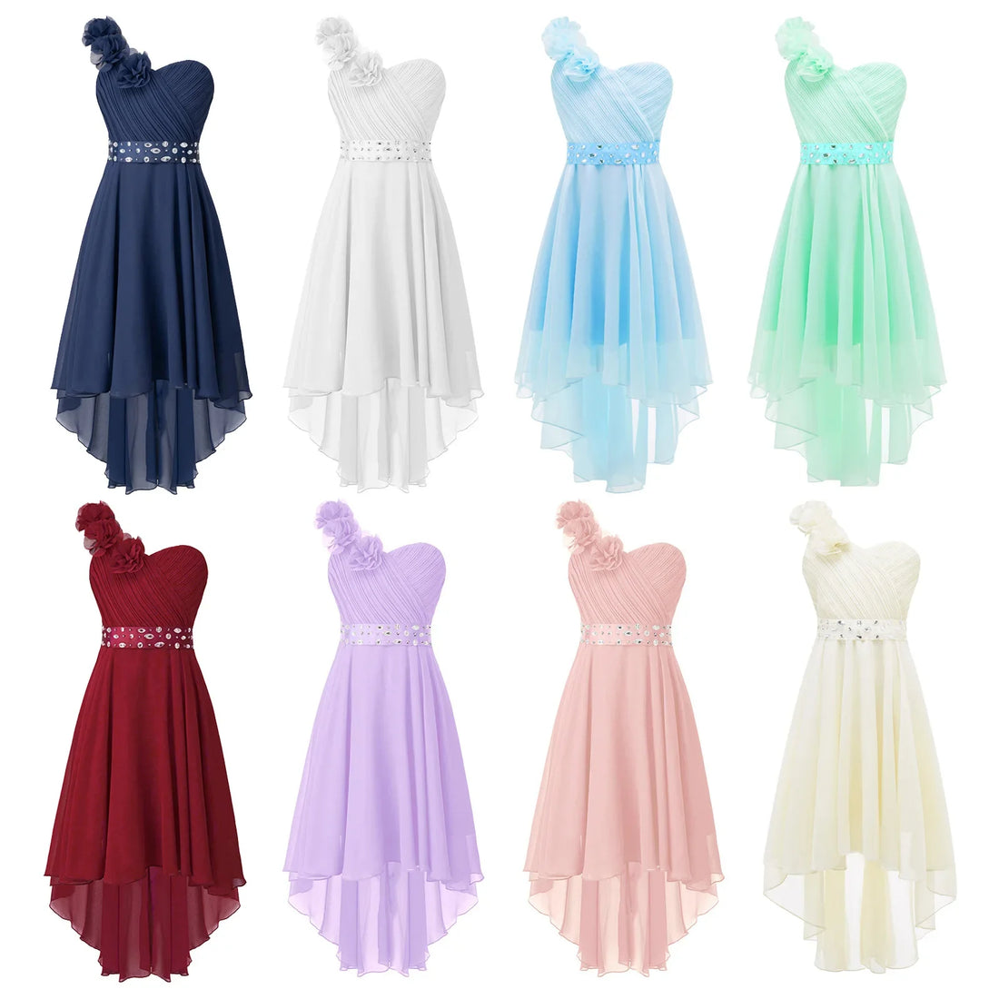 Girls Applique One-Shoulder Ruched Asymmetrical Hem Dress (Age 6-16YRS)