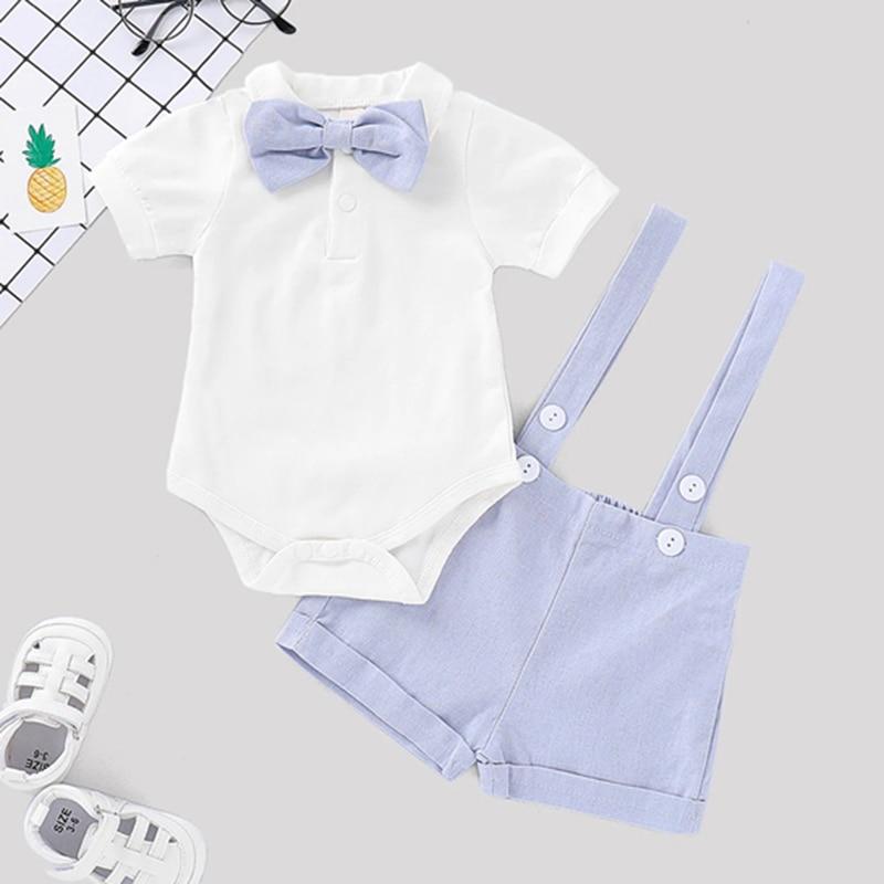 Boys Baby Toddler White Bow Tie Shirt & Blue Dungarees Set (Age 6m-4yrs) Multi