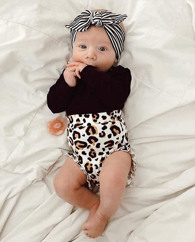 Baby Girls Bodysuit Leopard Shorts & Headband Set (Age Newborn -18m) Beige