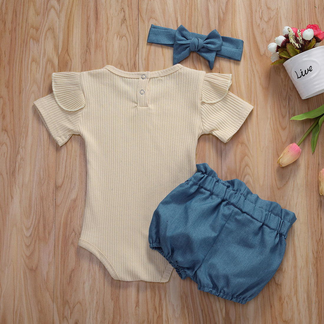 Baby Girls Beige Bodysuit Blue Shorts & Headband (Age 6M-24M) Beige